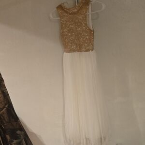 Gold Sequin Bodice White Tulle Maxi Dress